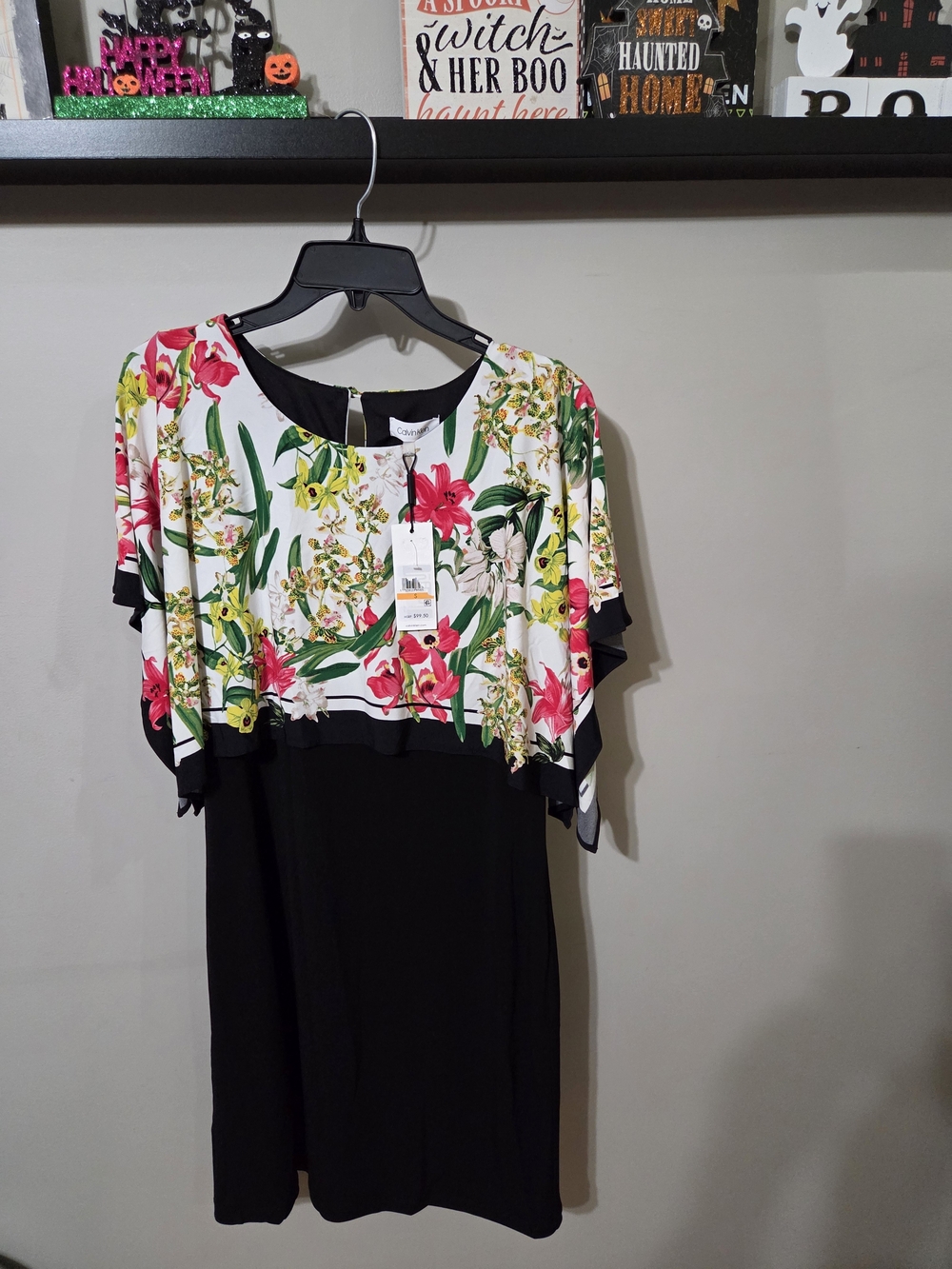 Calvin Klein Black Midi Dress with White Floral Cape